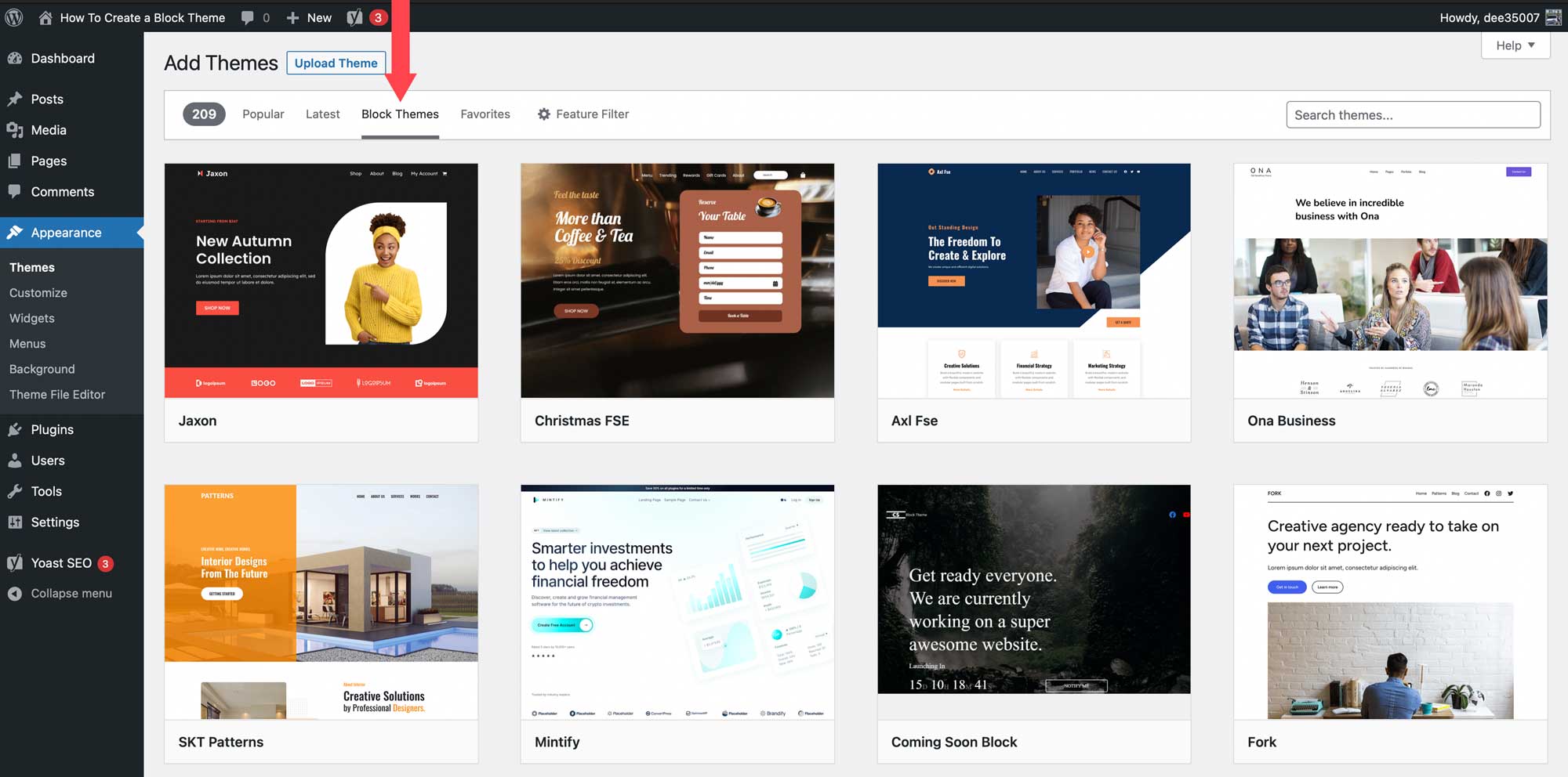 seleccione la pestaña del tema del bloque de WordPress