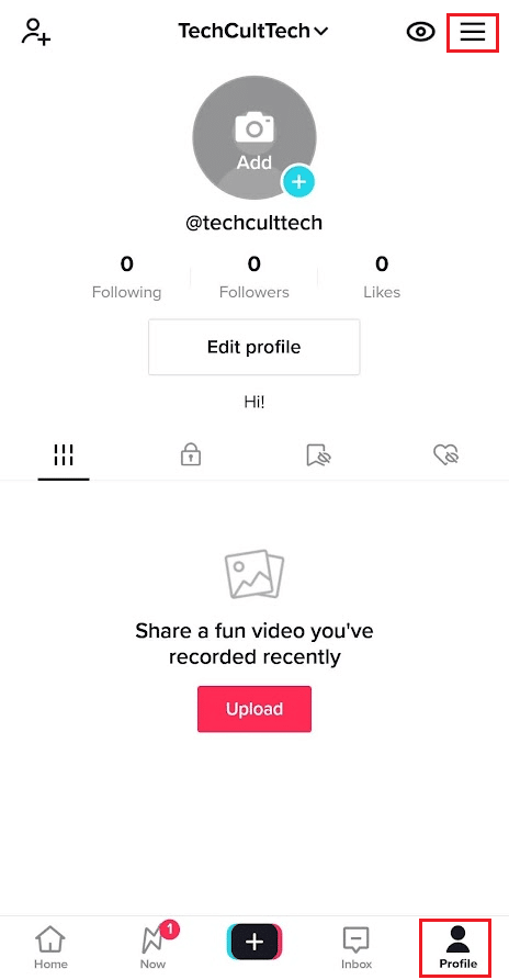 Aplicación TikTok - Pestaña Perfil - icono de hamburguesa | 