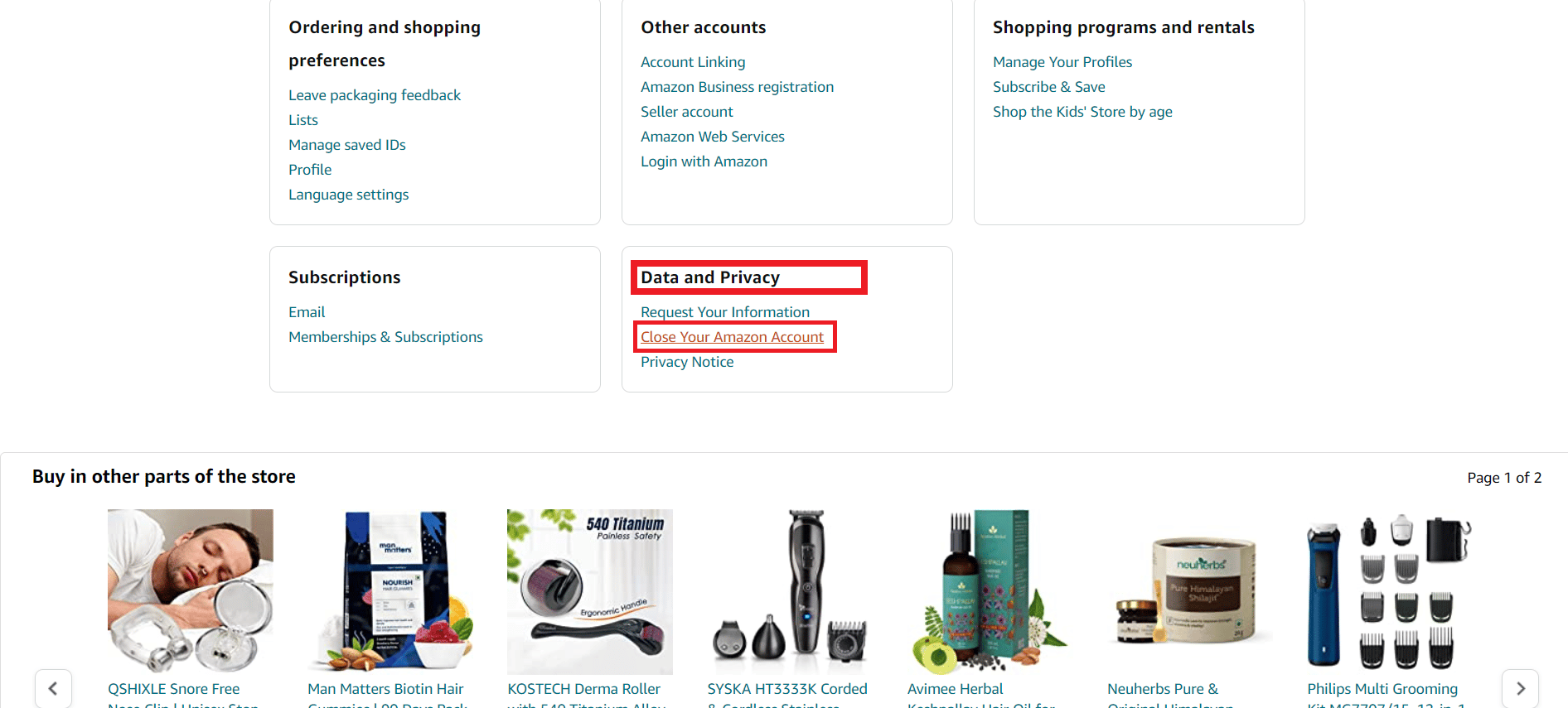 Luego vaya a la sección Datos y privacidad y seleccione Cerrar su cuenta de Amazon.