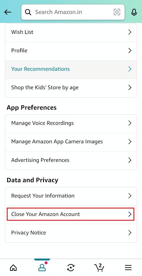 toque Cerrar su cuenta de Amazon en la sección Datos y privacidad