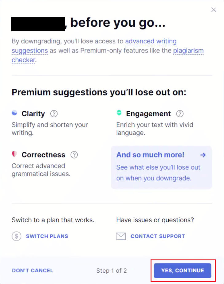haga clic en SÍ, CONTINUAR |  Cómo cancelar la suscripción a Grammarly