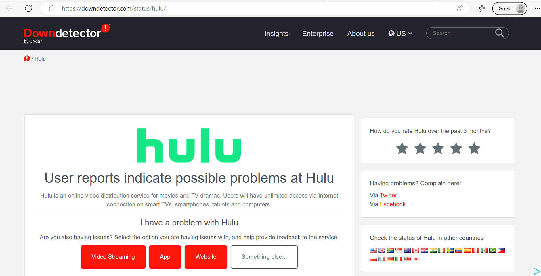 estado del servidor hulu en downdetector