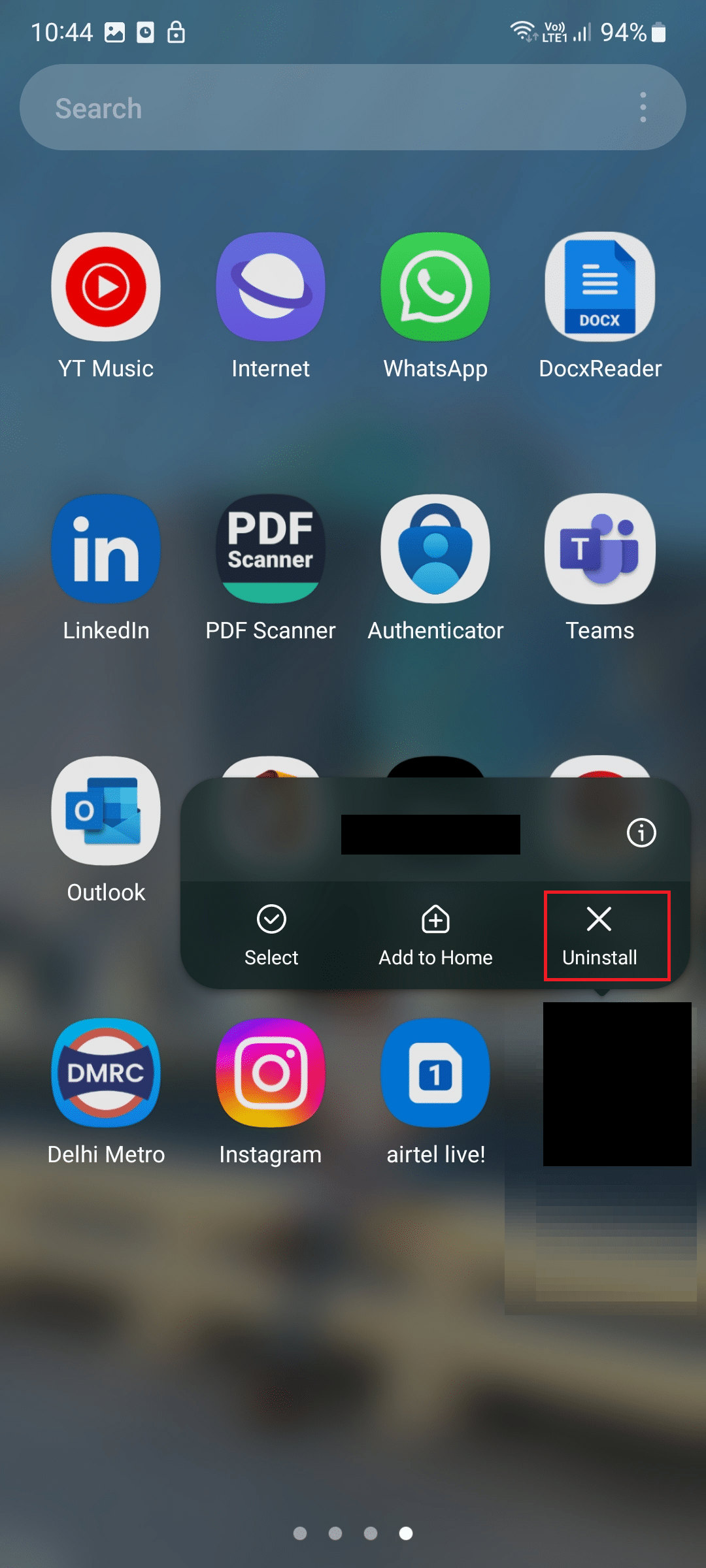 opción de desinstalación para la aplicación Hulu