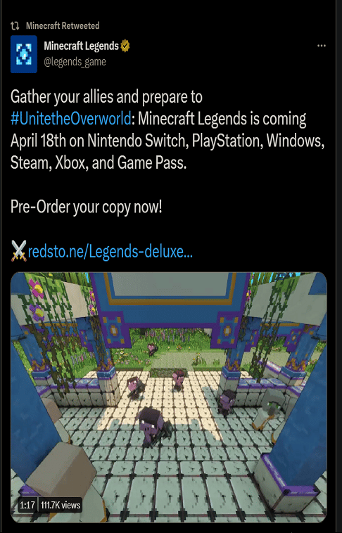 Tweet de anuncio de Minecraft Legends