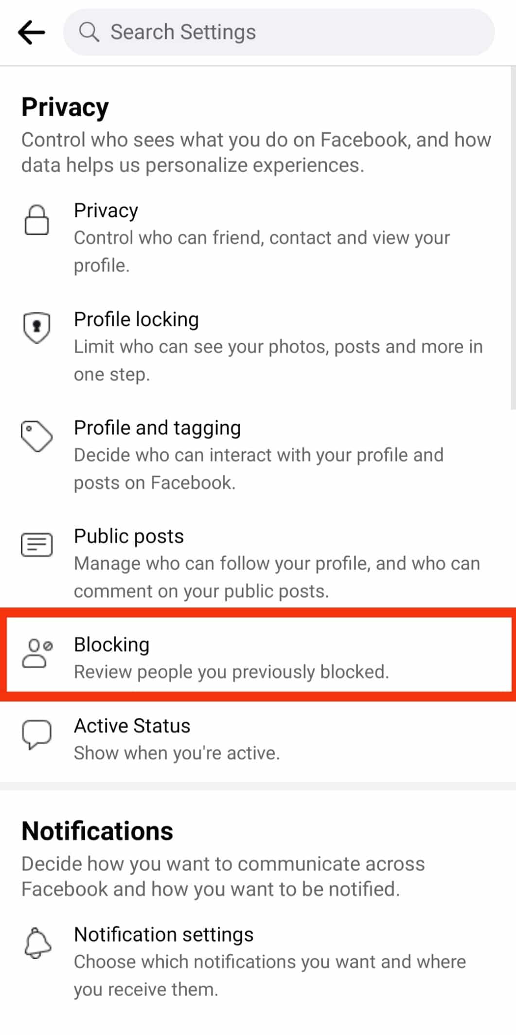 Seleccione Bloqueo.  |  accidentalmente eliminé a alguien en Facebook
