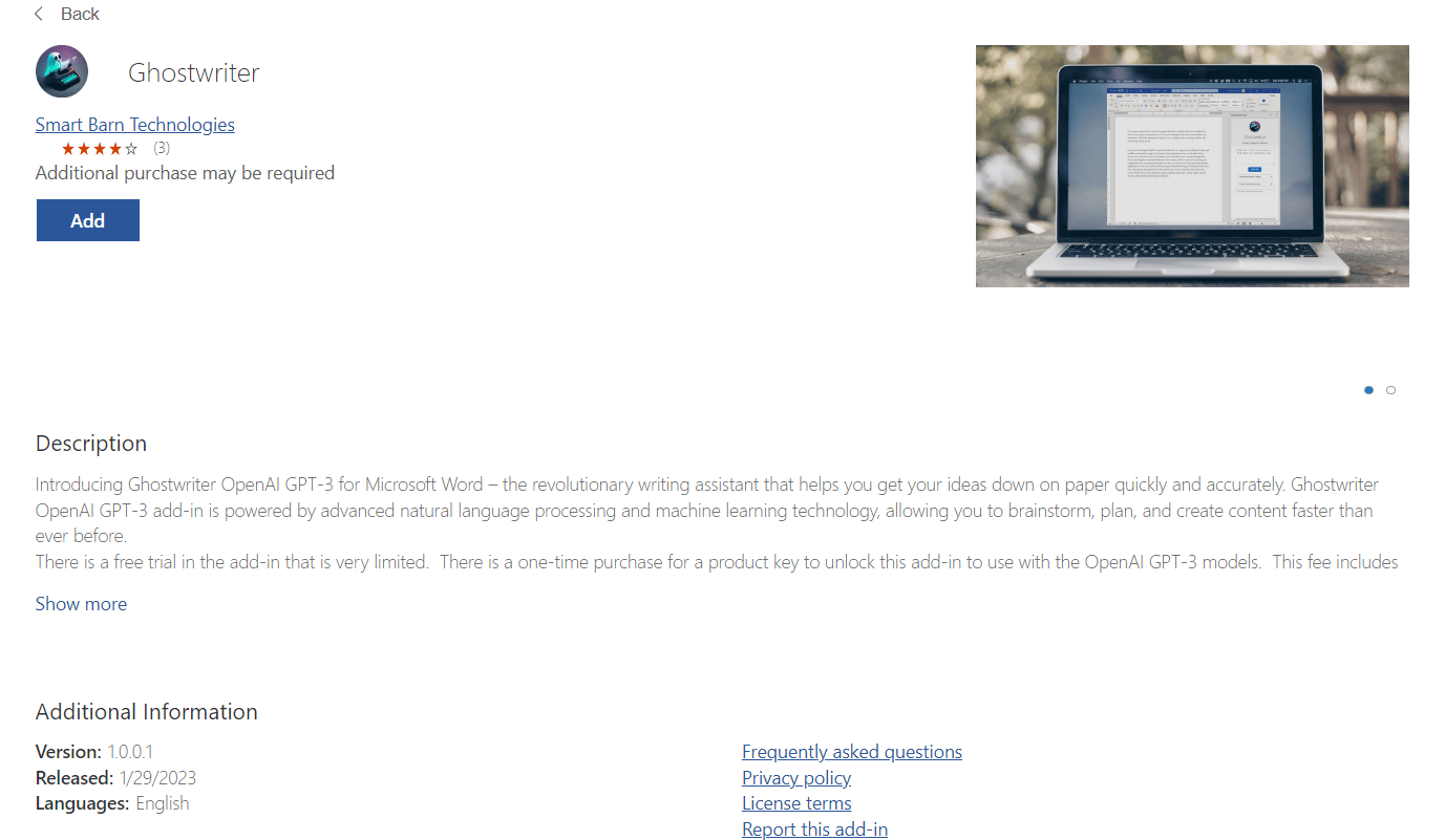 Complemento Ghostwriter en MS Office Store | qué es ChatGPT y cómo integrar ChatGPT en Microsoft Word