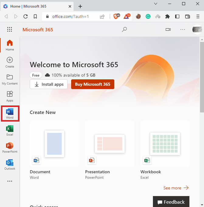 Desde el panel del lado izquierdo, navegue hasta Word