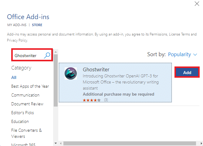 busque Ghostwriter y haga clic en Agregar | qué es ChatGPT y cómo integrar ChatGPT en Microsoft Word