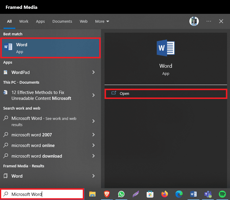 Abra Microsoft Word desde el menú de inicio