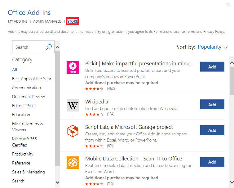 En el cuadro de diálogo Complementos de Office, haga clic en TIENDA