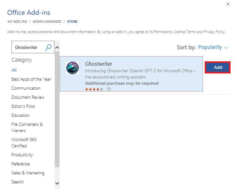 Haga clic en el icono Agregar para instalar el complemento en Word | qué es ChatGPT y cómo integrar ChatGPT en Microsoft Word