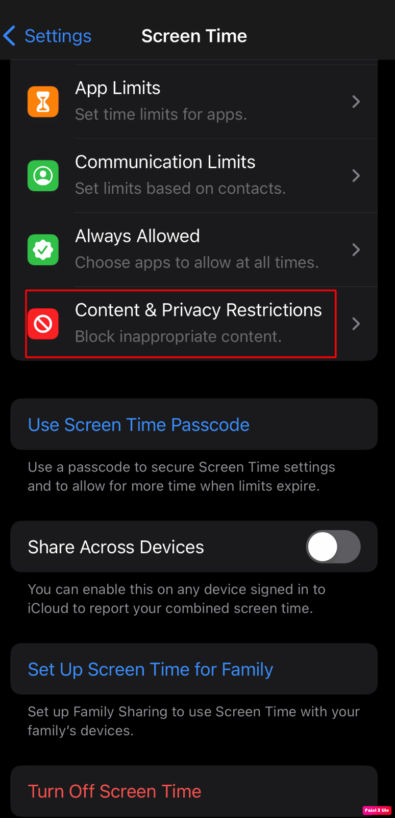 elige las restricciones de contenido y privacidad |  reparar la cámara del iPhone que no funciona