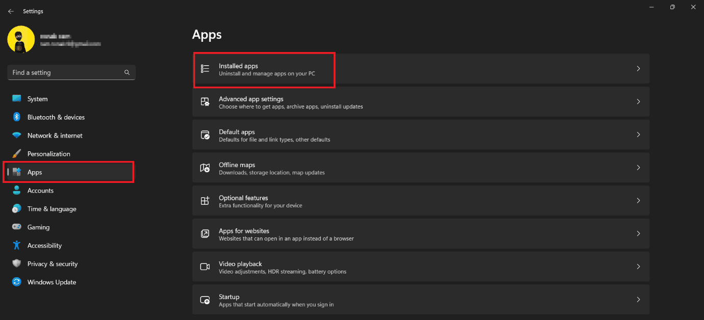 Haga clic en Aplicaciones instaladas para obtener la lista de aplicaciones instaladas en su PC.  11 formas de corregir el error detectado de violación de seguridad del juego de Apex