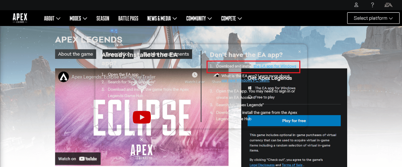 Haga clic en Descargar e instalar la aplicación de EA para Windows.  11 formas de corregir el error detectado de violación de seguridad del juego de Apex
