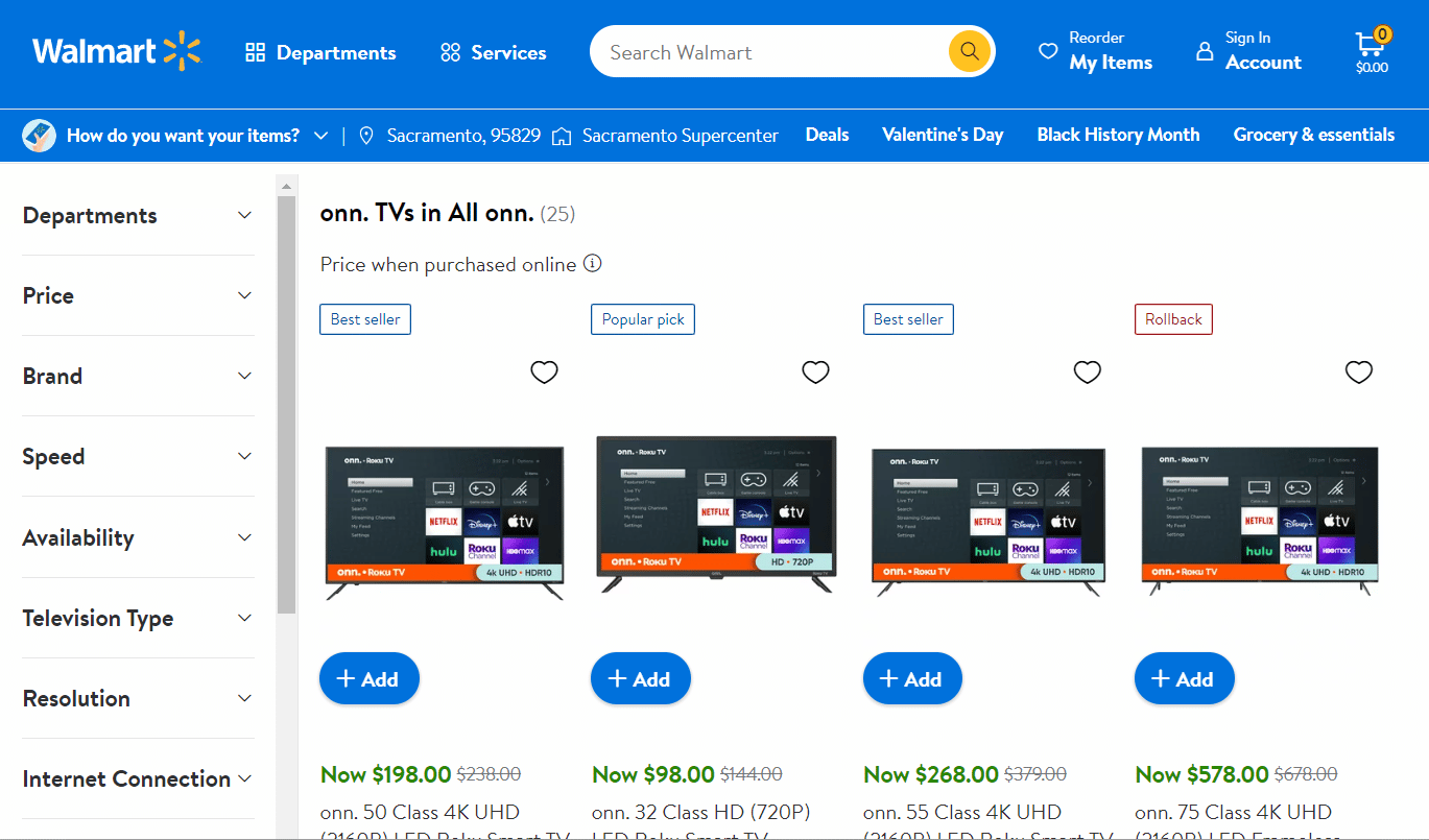 Sitio web de Walmart ONN TV