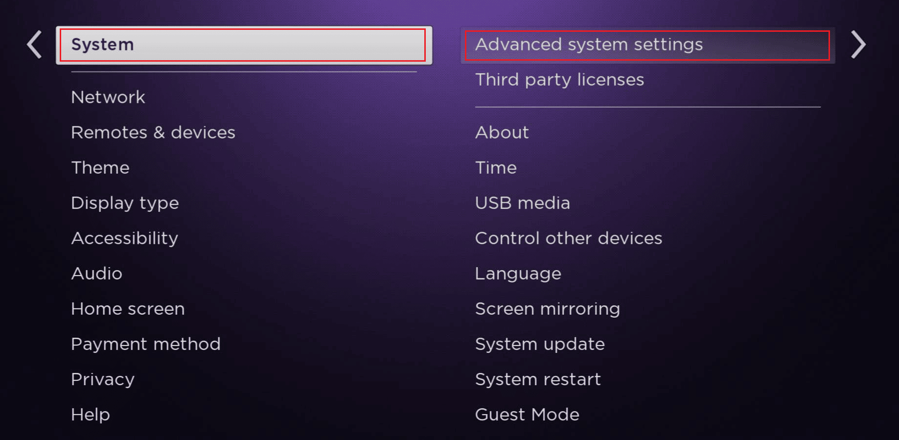 Desplácese hacia abajo y elija la opción Sistema - Configuración avanzada del sistema |  restablecer mi ONN TV sin el botón de reinicio