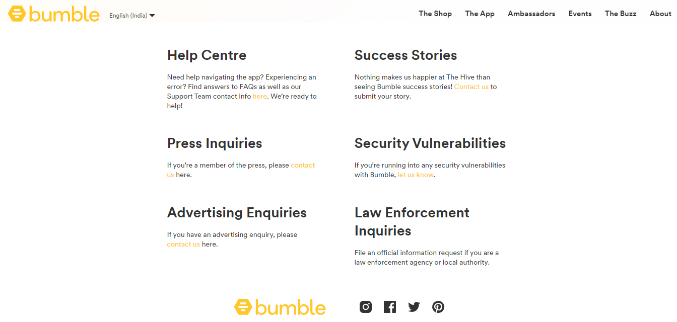página de soporte de bumble.  10 formas de arreglar Bumble atascado en la pantalla de carga