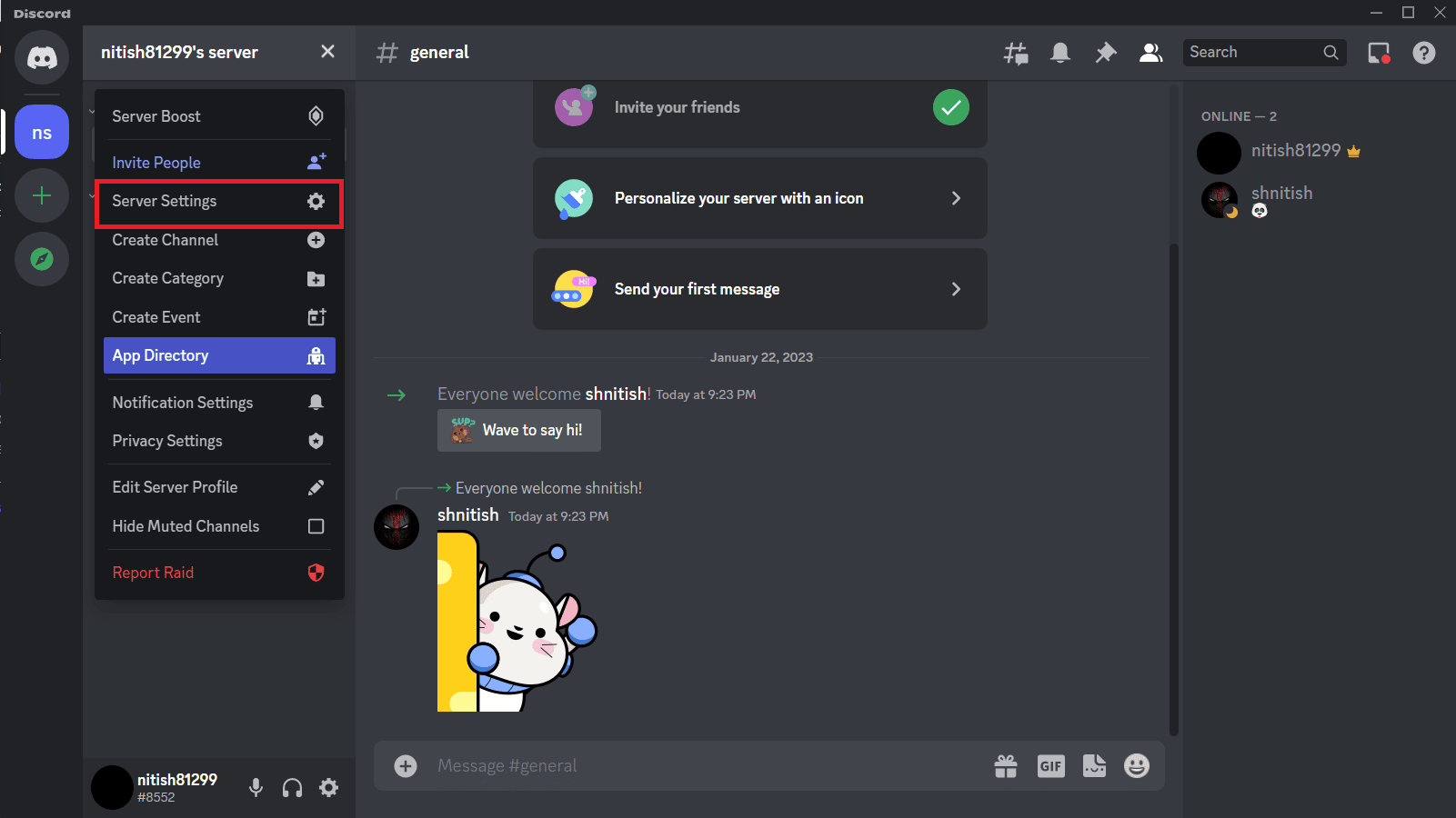 Elija la configuración del servidor en discordia 
