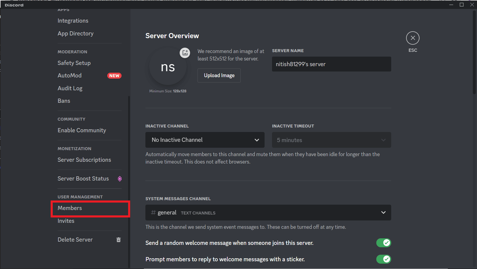haga clic en Miembros en GESTIÓN DE USUARIOS en discord 