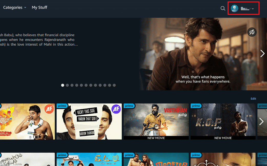 Haga clic en el perfil de la esquina superior derecha |  Cómo cancelar Amazon Prime Video