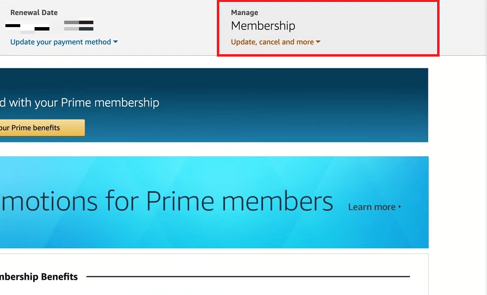 Haga clic en la pestaña Administrar membresía en la esquina superior derecha |  Cómo cancelar Amazon Prime Video