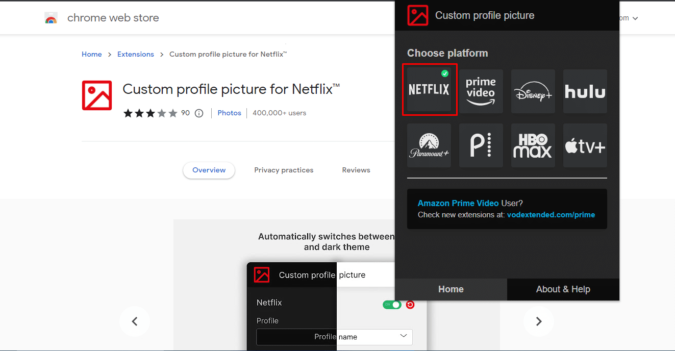 Opción de Netflix en la imagen de perfil personalizada
