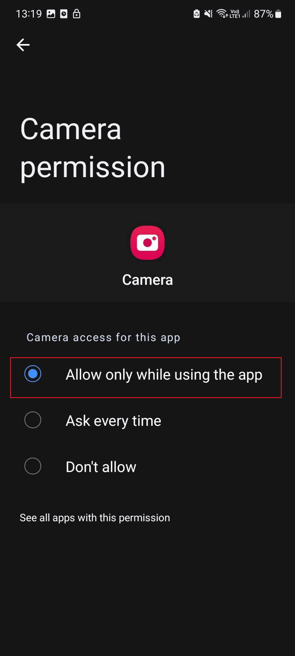 permitir solo mientras se usa la aplicación s21