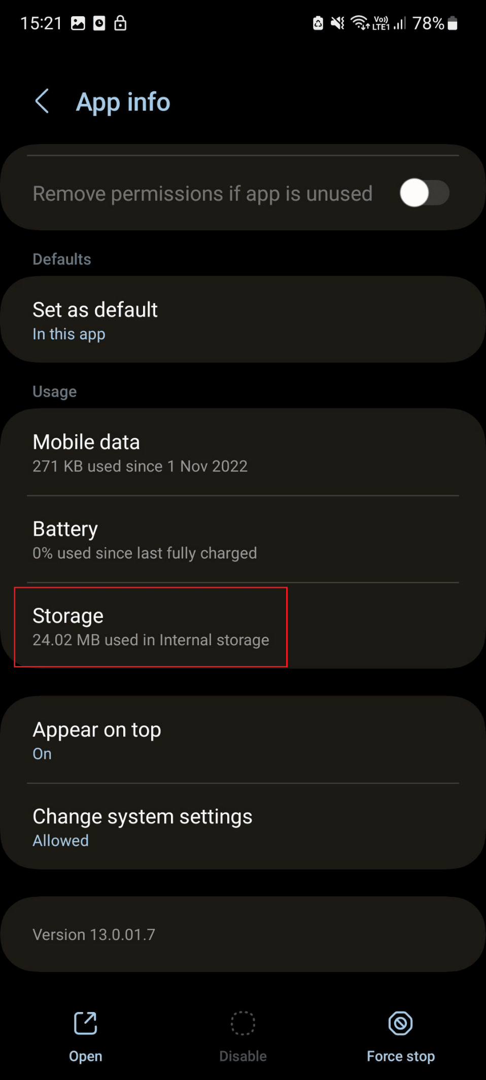 almacenamiento bajo la información de la aplicación