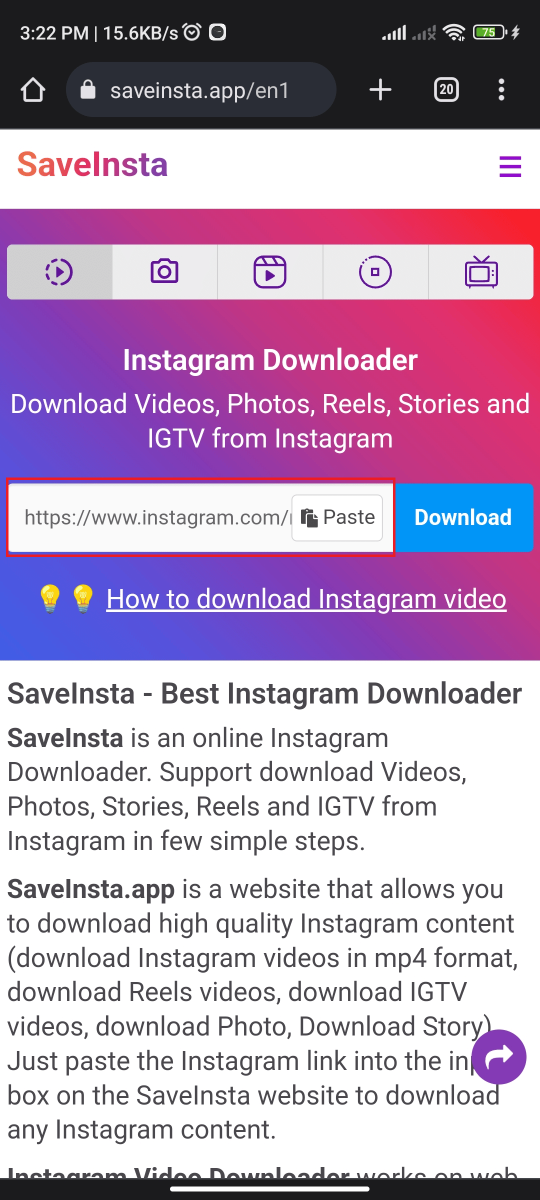 Enlace URL en Saveinsta | Cómo invertir el audio en Instagram
