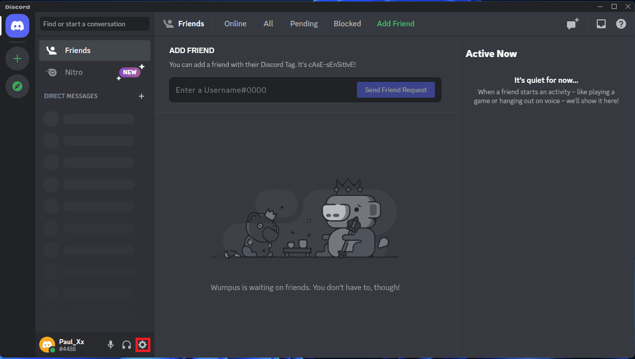 Haga clic en el ícono de ajustes para ir al menú de configuración de Discord. Arreglar Discord Search no funciona en PC