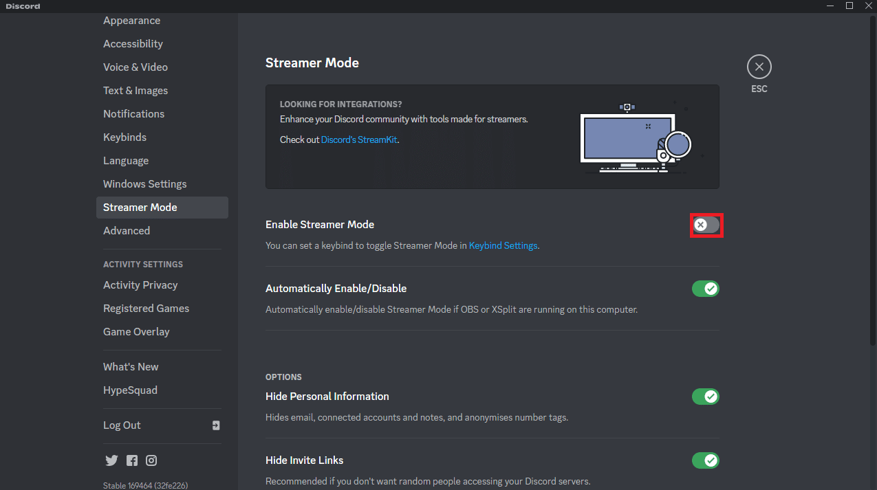 Haga clic en el botón de alternar junto a la opción Habilitar modo de transmisión. Arreglar Discord Search no funciona en PC