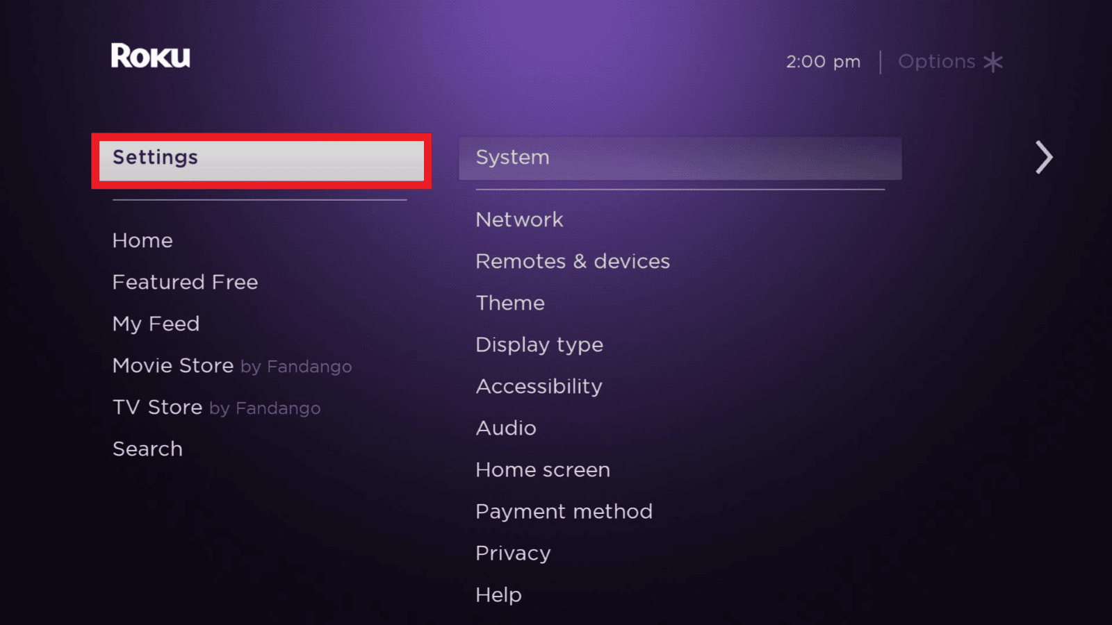 Presione el botón de inicio y vaya a Configuración roku tv
