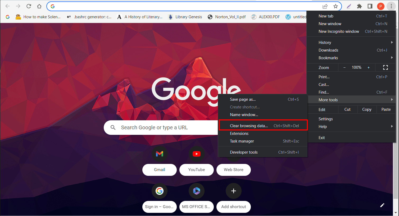 seleccione Borrar datos de navegación en Chrome 
