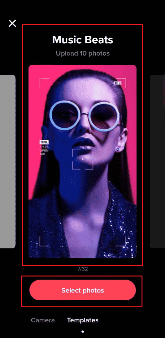 Seleccione la plantilla Music Beats de las disponibles y toque Seleccionar fotos |  Cómo hacer una presentación de diapositivas en TikTok