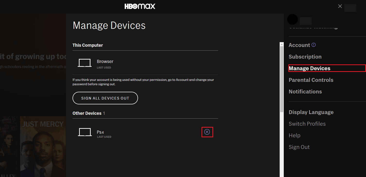 ubica tu consola en la sección Otros Dispositivos y selecciona el ícono X para eliminar el dispositivo |  HBO Max no funciona en PS4 o PS5