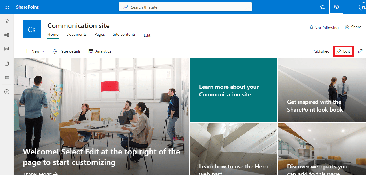 haga clic en el icono Editar.  Cómo resolver el elemento web de edición de SharePoint no permitido
