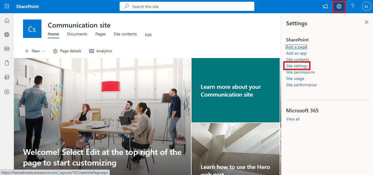 haga clic en Configuración del sitio.  Cómo resolver el elemento web de edición de SharePoint no permitido