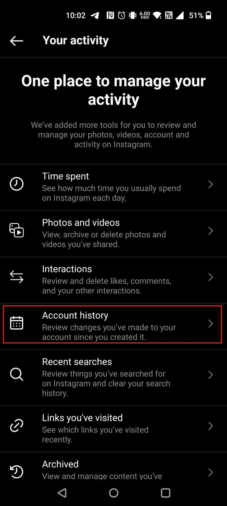 Toca Historial de la cuenta