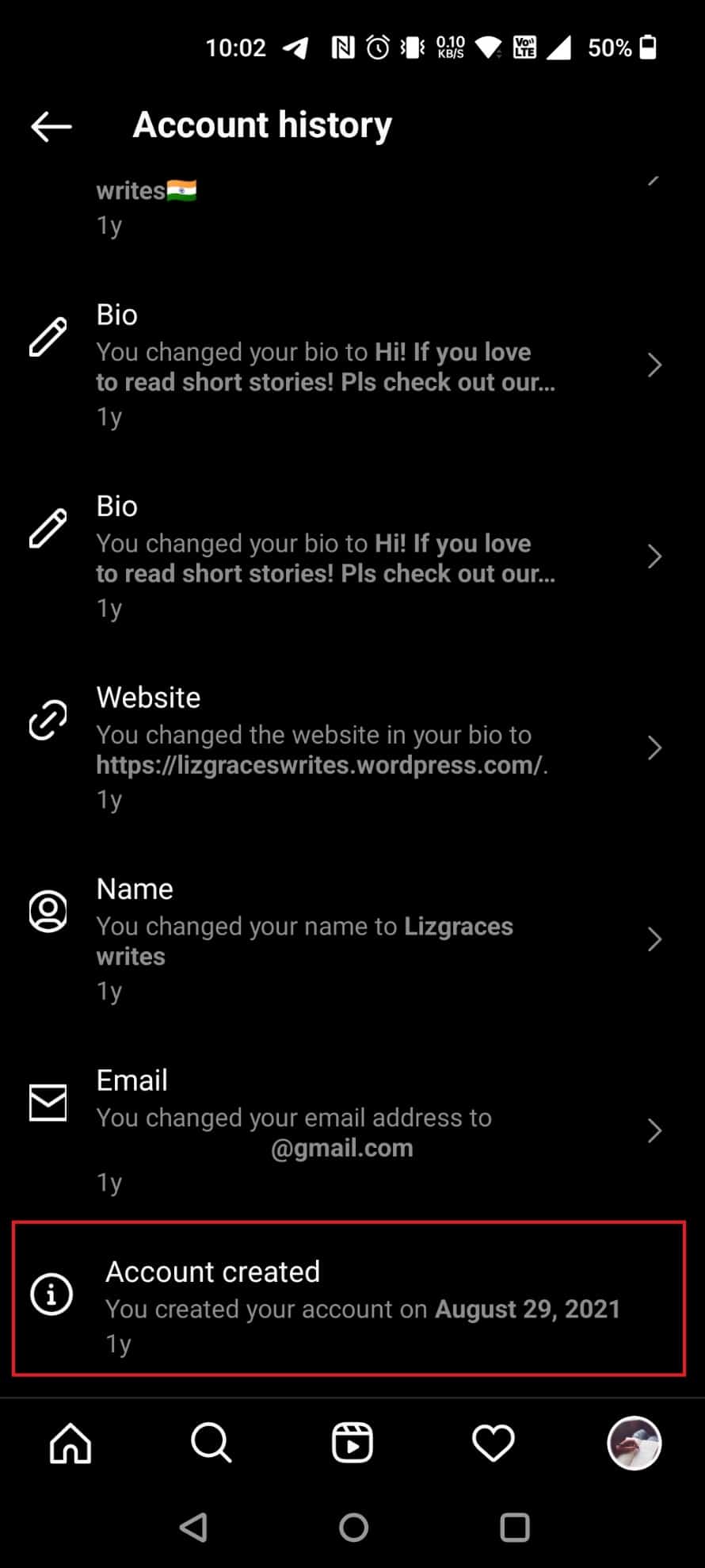 Deslice hacia abajo para ver la sección Cuenta creada |  Comprobador de edad de Instagram por eBuzzPro