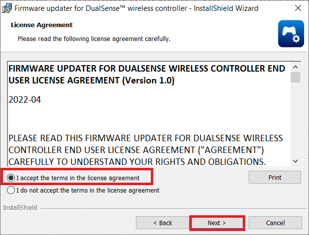 Seleccione la opción Acepto los términos del acuerdo de licencia y haga clic en Siguiente.  Arreglar el controlador PS5 que no funciona en la PC