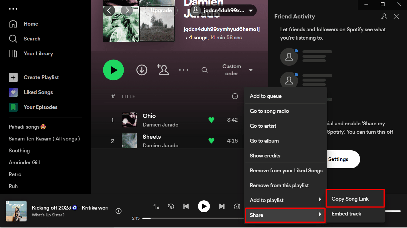 Haga clic en Compartir seguido del enlace Copiar canción en spotify | Spotify ralentiza las canciones