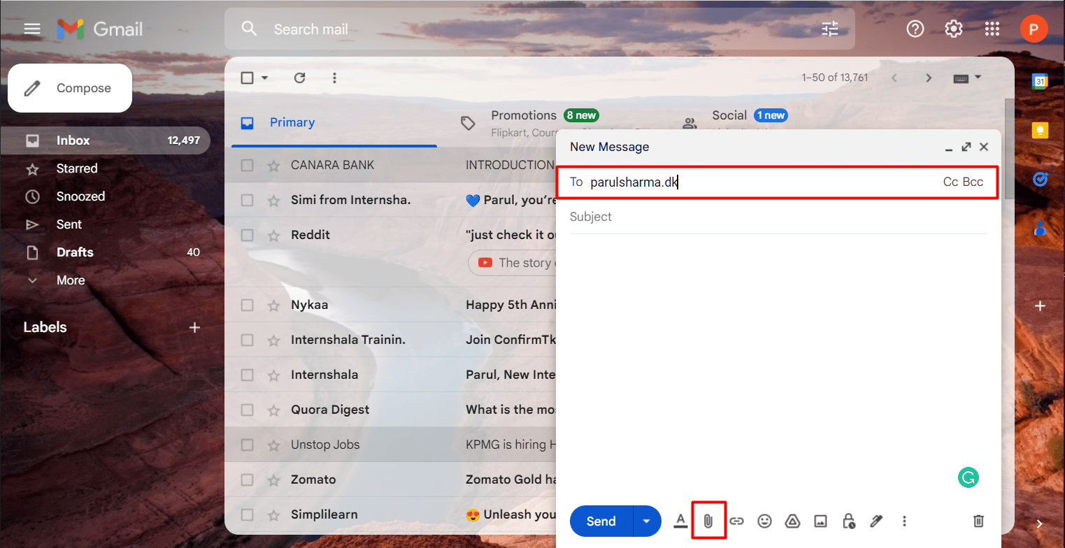 Introduzca su dirección de correo electrónico en Destinatarios y haga clic en el icono Adjuntar archivos