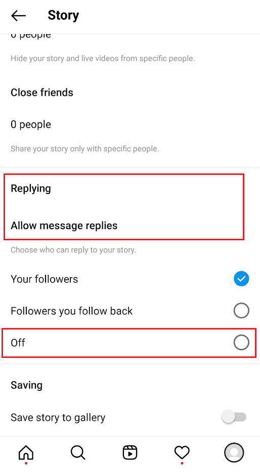 En la sección Responder - Permitir respuestas de mensajes, seleccione el botón de opción Desactivado |  Cómo detener las respuestas en tus historias de Instagram