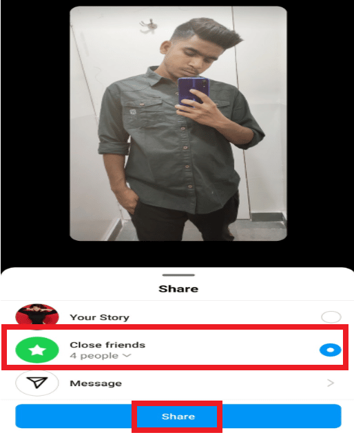 Haga clic en Amigos cercanos que comparte y luego haga clic en Compartir.  |  Cómo detener las respuestas en tus historias de Instagram