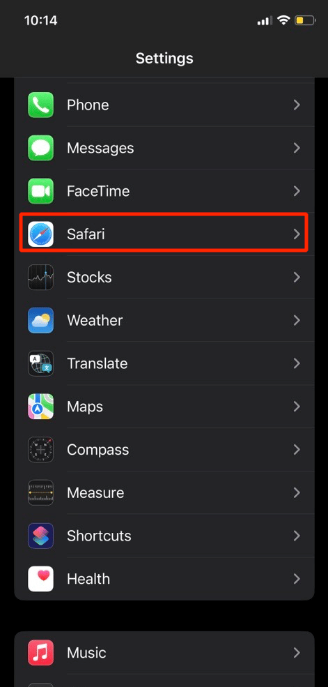 toque la opción de safari