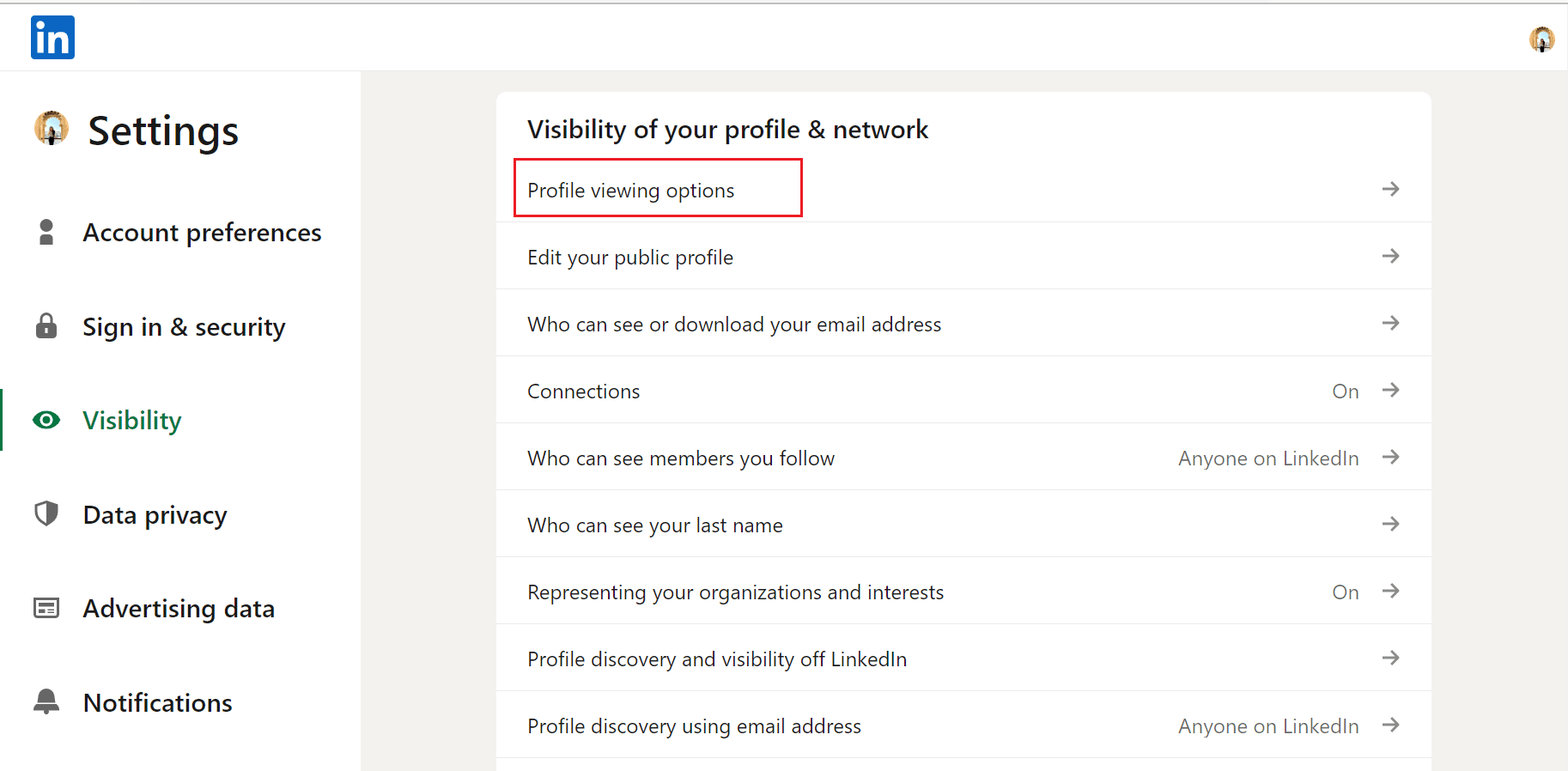 opciones de visualización de perfil