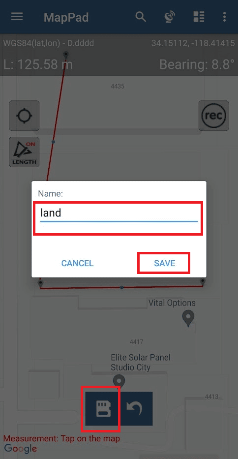 Guardar icono - nombre deseado - GUARDAR | Cómo usar la aplicación GPS Survey Surveying con la aplicación para teléfonos inteligentes Android