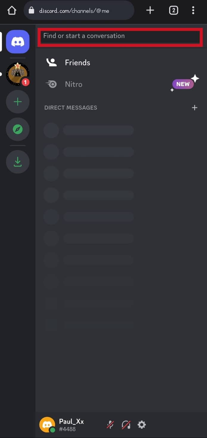 Toque la opción Buscar o iniciar una conversación en la parte superior de la página | Cómo buscar en Discord Mobile