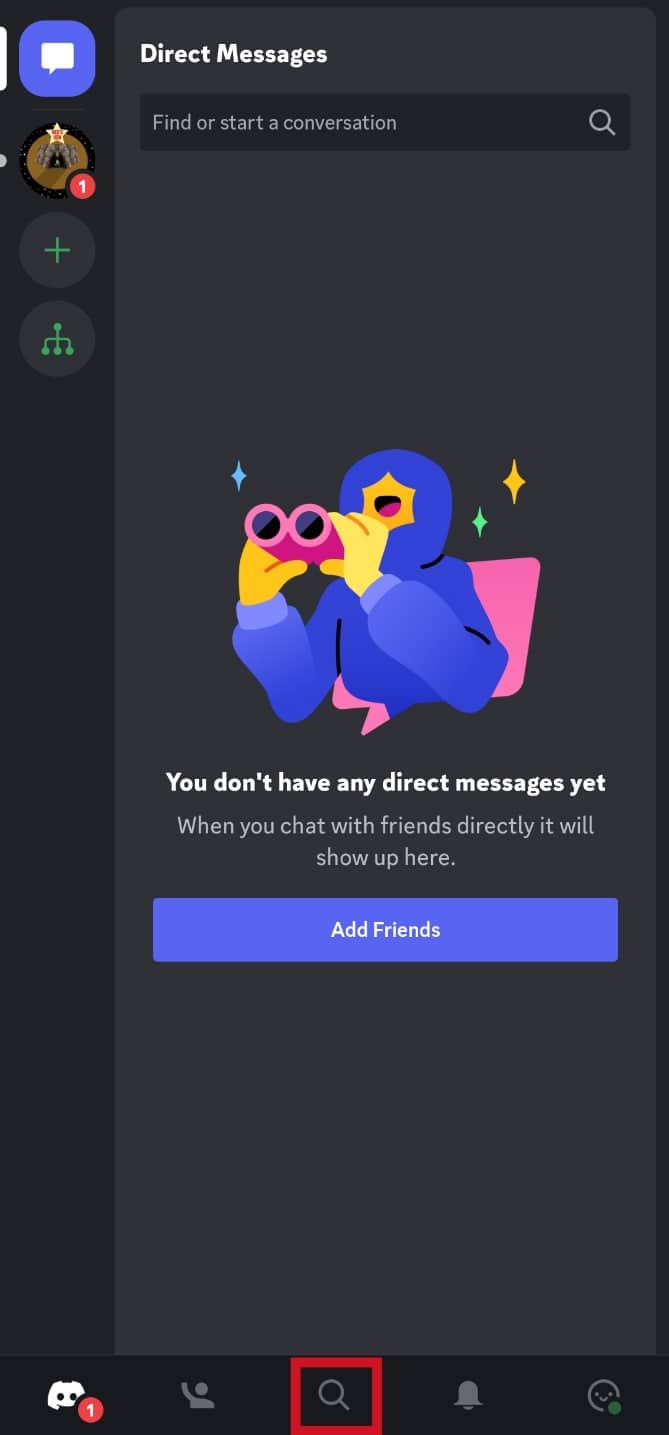toque el icono de búsqueda en la parte inferior | Cómo buscar en Discord Mobile