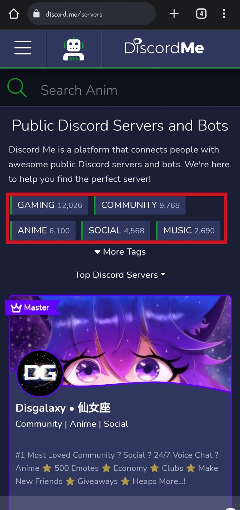 Toque cualquiera de las categorías o etiquetas para encontrar una lista de servidores Discord para ello